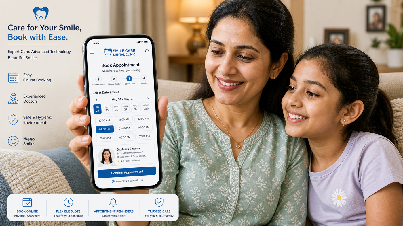 Smile Care app on phone — mother and daughter at home using booking flow with select date and time, four trust badges (book online, flexible slots, appointment reminders, trusted care)