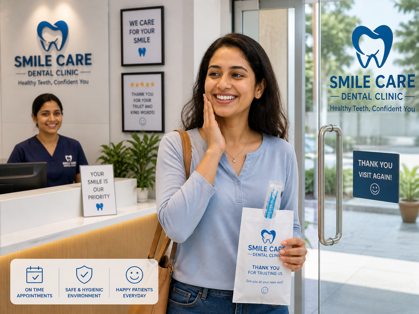 Smile Care happy patient exit — woman walking out of clinic with branded thank-you bag, receptionist visible at desk, 'We Care For Your Smile' and 'Thank You Visit Again' signage
