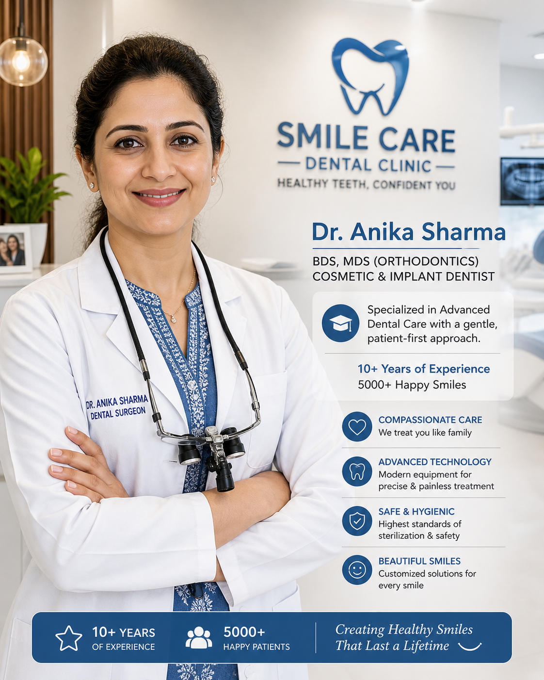 Dr. Anika Sharma — BDS, MDS Orthodontics, founder of Smile Care Dental Clinic — 10+ years experience, 5000+ happy smiles, in white coat with dental loupes
