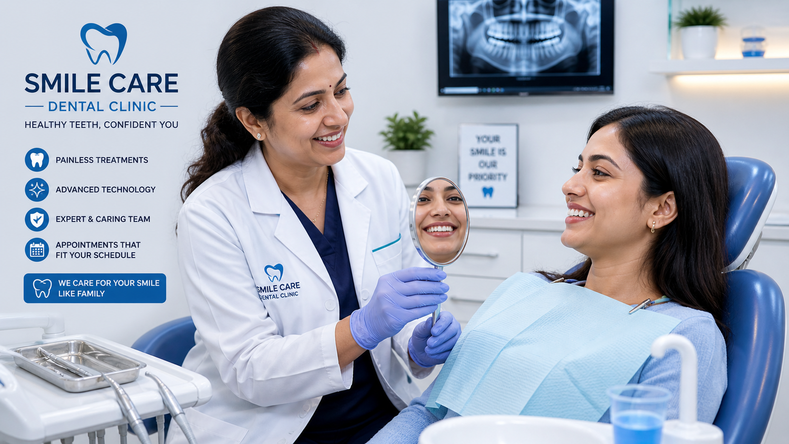 Smile Care Dental Clinic — Healthy Teeth, Confident You — female dentist showing patient her smile in mirror, modern clinical interior, panoramic X-ray on wall