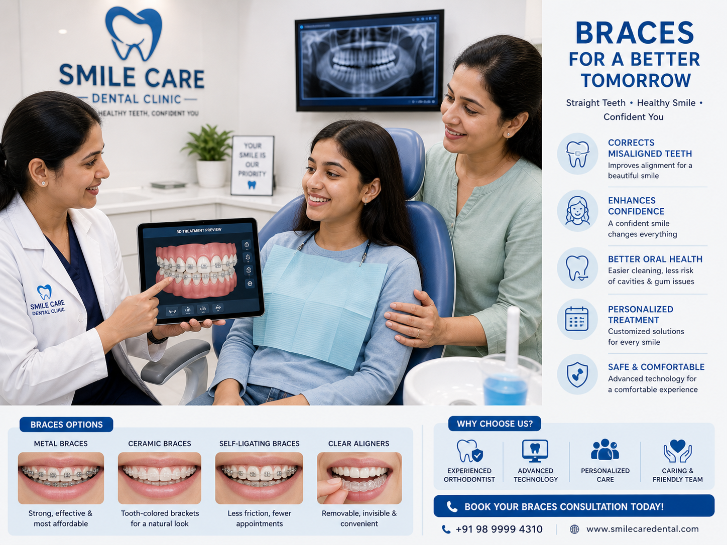 Smile Care braces consultation — dentist showing teen patient her digital 3D braces simulation on tablet, with mother present, four braces options grid: metal, ceramic, self-ligating, clear aligners