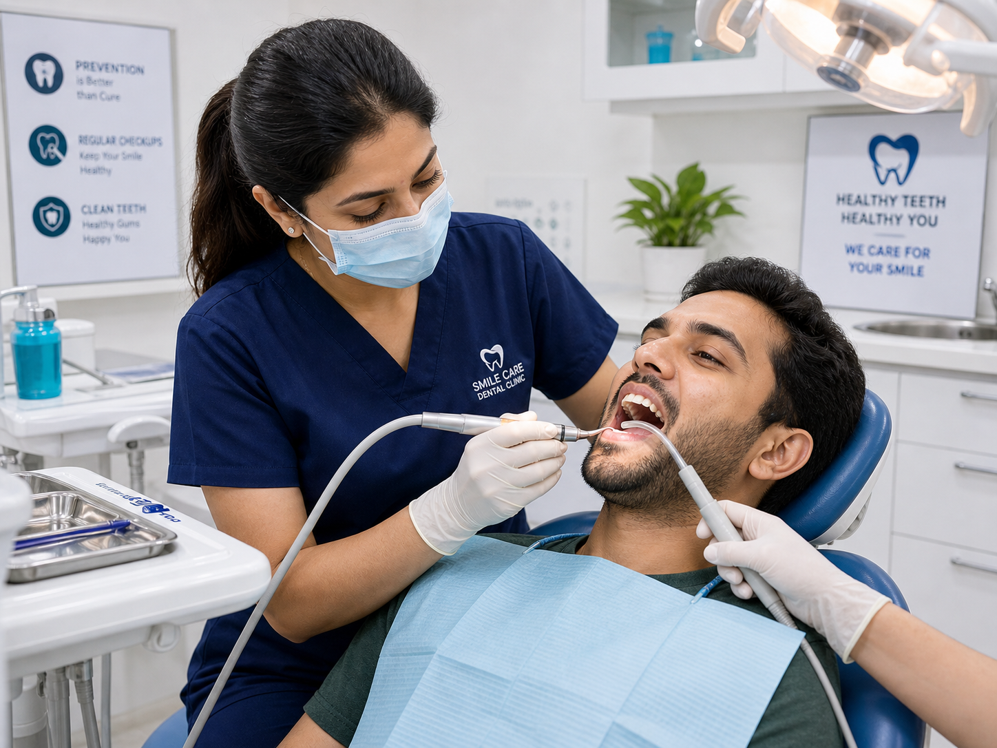 Smile Care dental cleaning — hygienist in scrubs and mask using ultrasonic scaler on a male patient in dental chair, 'Healthy Teeth Healthy You · We Care For Your Smile' wall messaging
