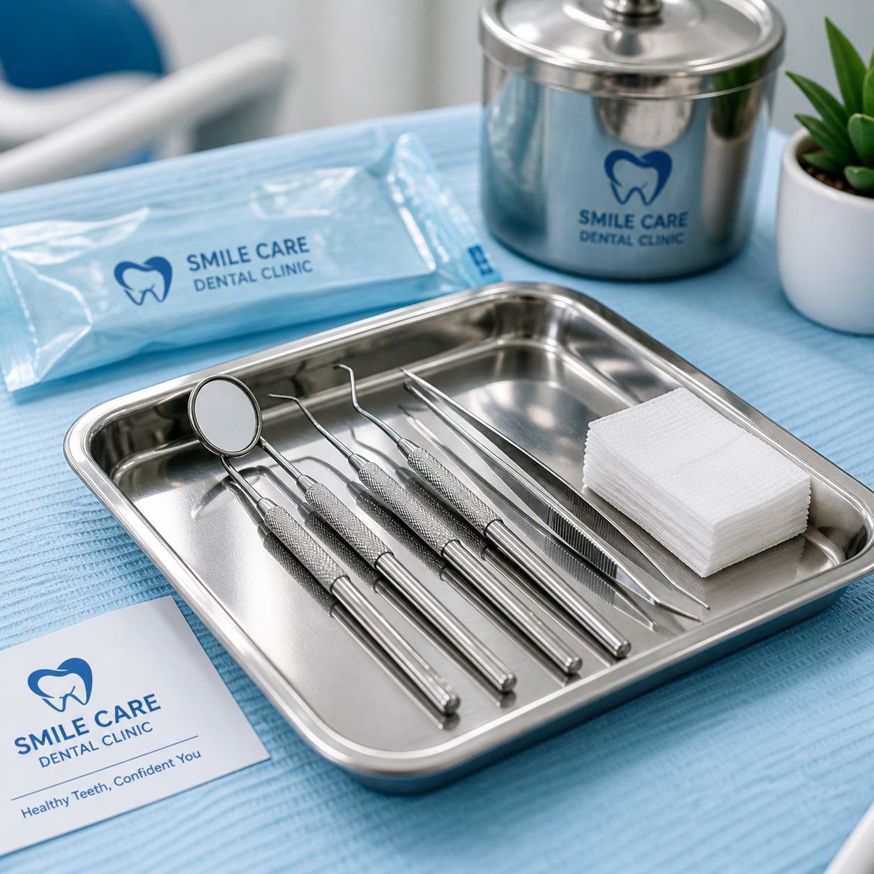 Smile Care sterilised dental tray — stainless steel mirror, probe, scaler, cotton rolls, gauze, on sky-blue surgical drape with branded autoclave canister